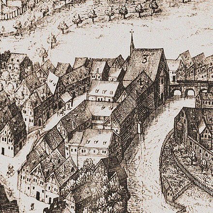 	Das Heilig-Geist-Spital vor den Zerstörungen des Dreissigjährigen Krieges, von Süden gesehen. Ausschnitt aus der Stadtansicht «AICHSTADIUM – AYCHSTÄTT» von Wolfgang Kilian 1623 (3 = Spitalkirche, 4 = Spital). Die nach Osten orientierte Kirche entspricht noch dem Bauwerk in Schedels Chronik.
Quelle: Ausstellungskatalog 2013